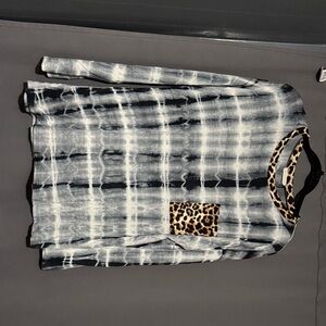 Cato Black and White Tie-Dye Blouse with Leopard Accents